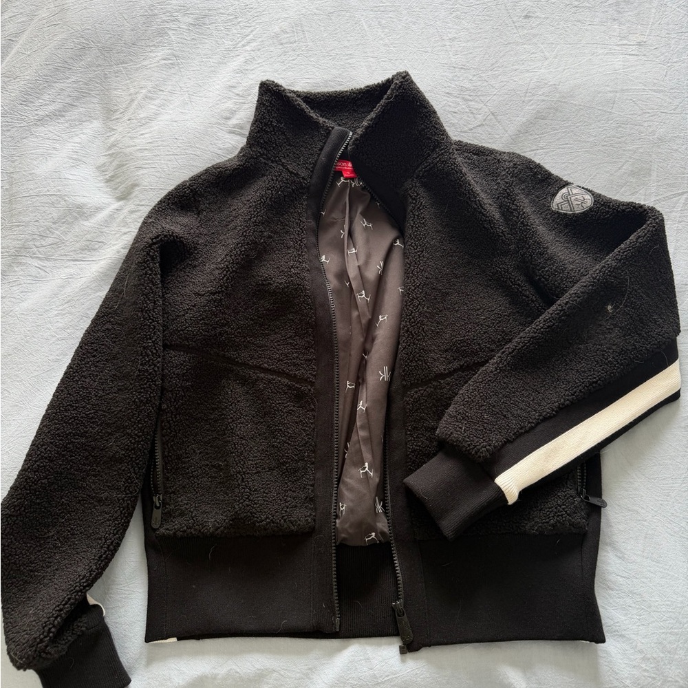 Black Sherpa Zip-Up Jacket with Cream Stripe